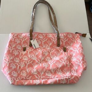 NWT Sonoma Pink White Coral Print Cotton Zip Faux Leather Tote